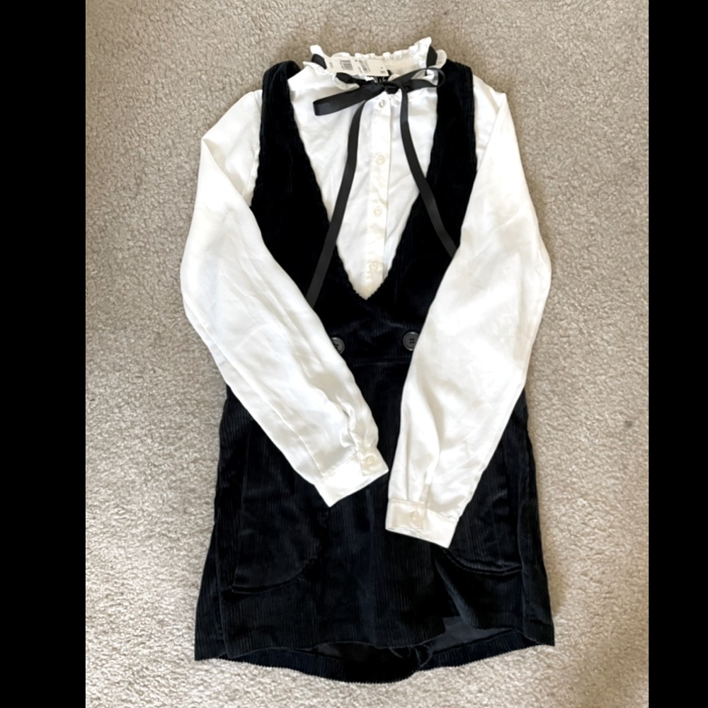 Corduroy romper button up blouse and pussycat bow